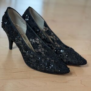 Vtg 80s Lace Heels Size 6 5.5 Hand Beaded Private Collection Vero Cuoio Leather